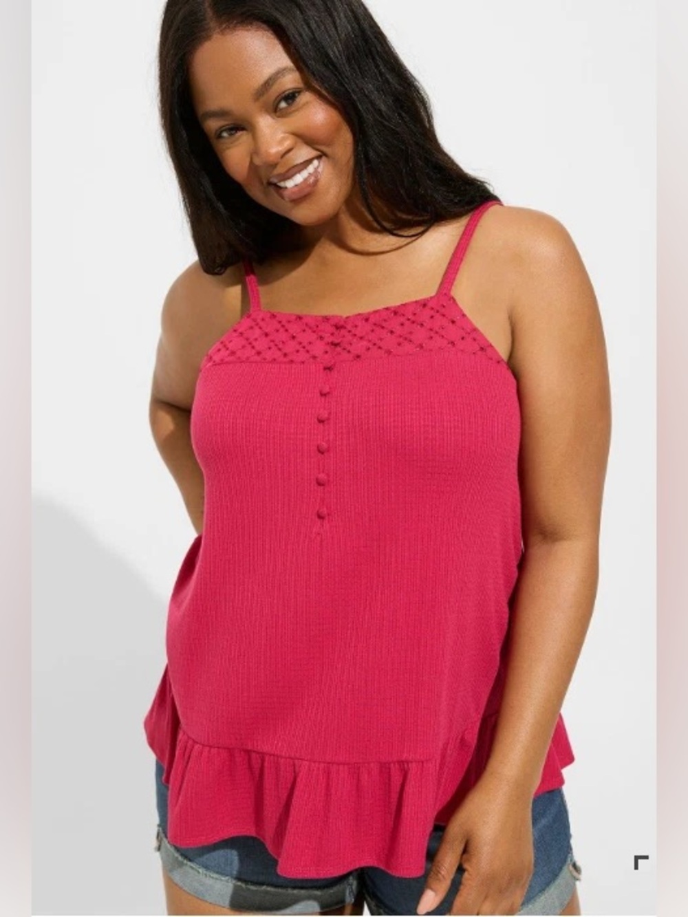 Torrid Pink Crochet Yoke Button Front Ruffle Hem Cami Tank Top Size 3 3X